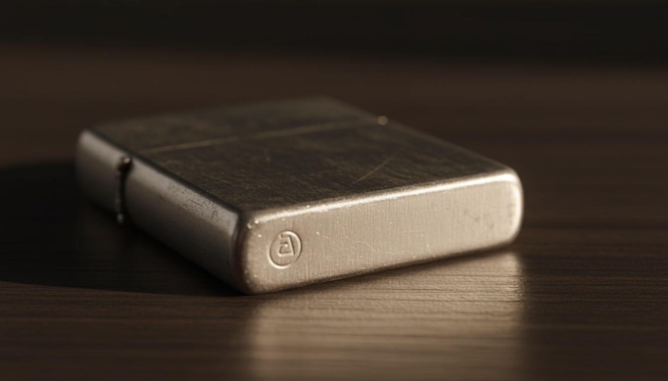 photography_on_dark_wood_table_close-up_a_vintage_brushed_metal_lighter